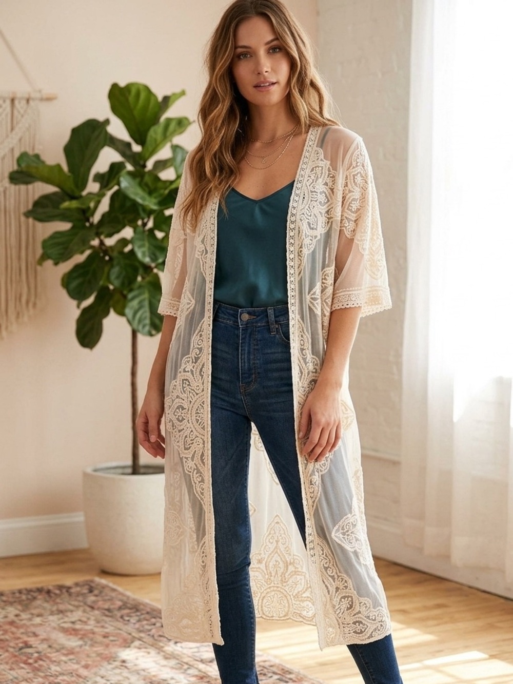 Sheer Lace Long Kimono Duster - Cream
